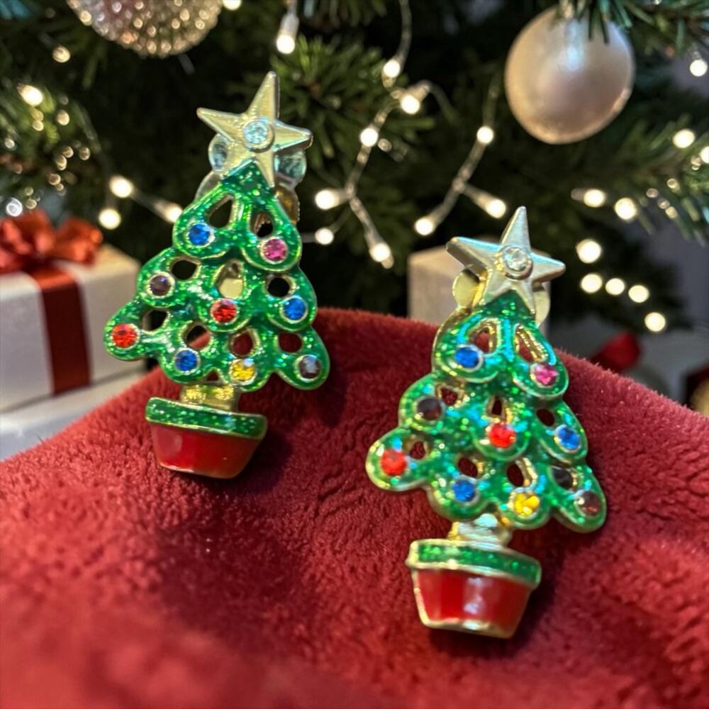Vintage Christmas Tree Clip Earrings Green Enamel Rhinestone Holiday Gold Tone